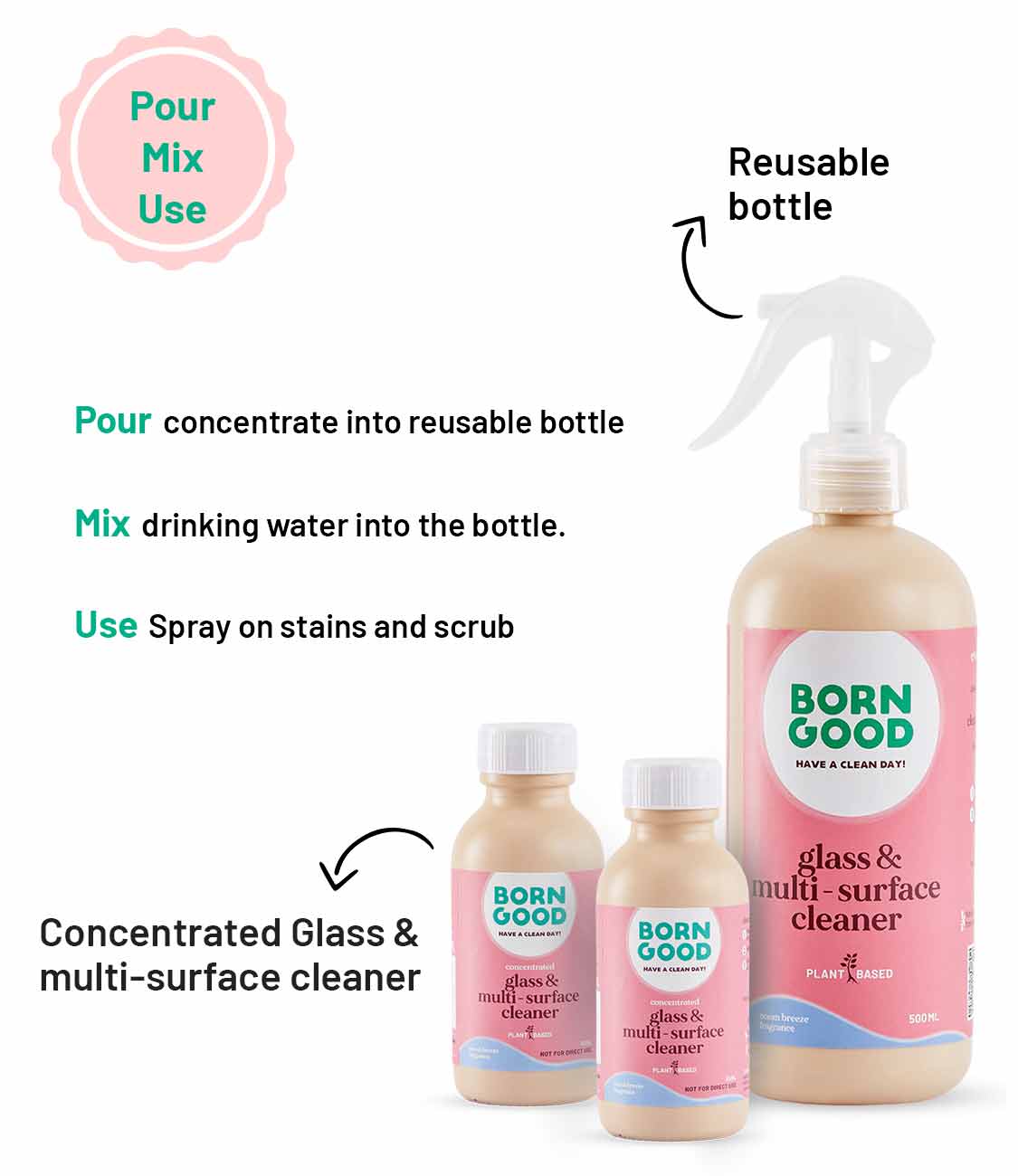 Born Good Plant-based Glass & Multi-Surface Cleaner Concentrate Kit (Makes 1 L)
