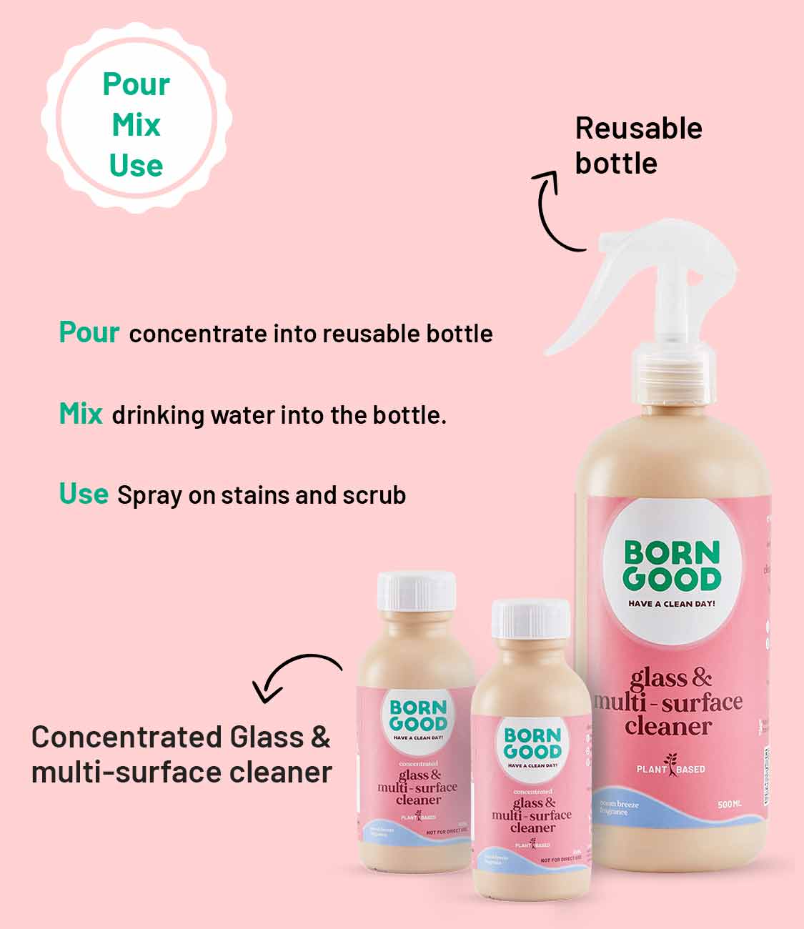 Born Good Plant-based Glass & Multi-Surface Cleaner Concentrate Kit (Makes 1 L)