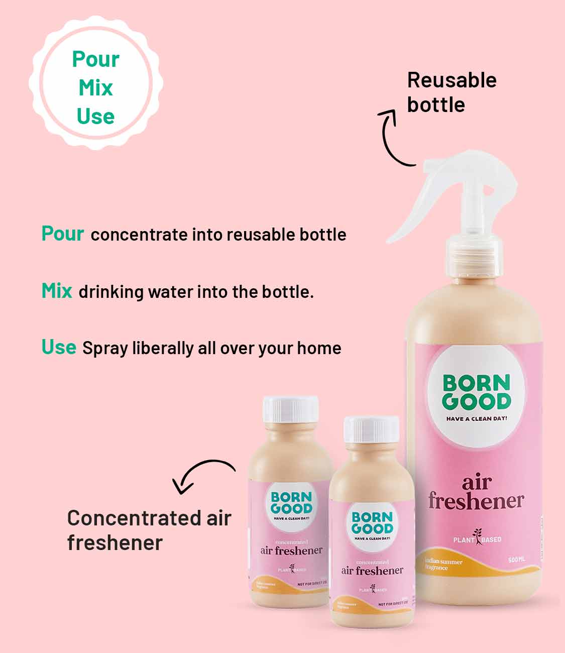 Born Good Plant-based Air Freshener (Indian Summer) Concentrate Kit (Makes 1 L)