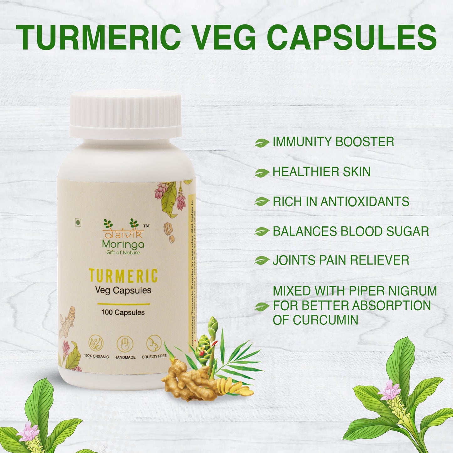 Daivik Moringa Turmeric Veg Capsules | 100% Natural | Immunity Booster, AntiInflammatory, Antioxidant | 100 Caps Each