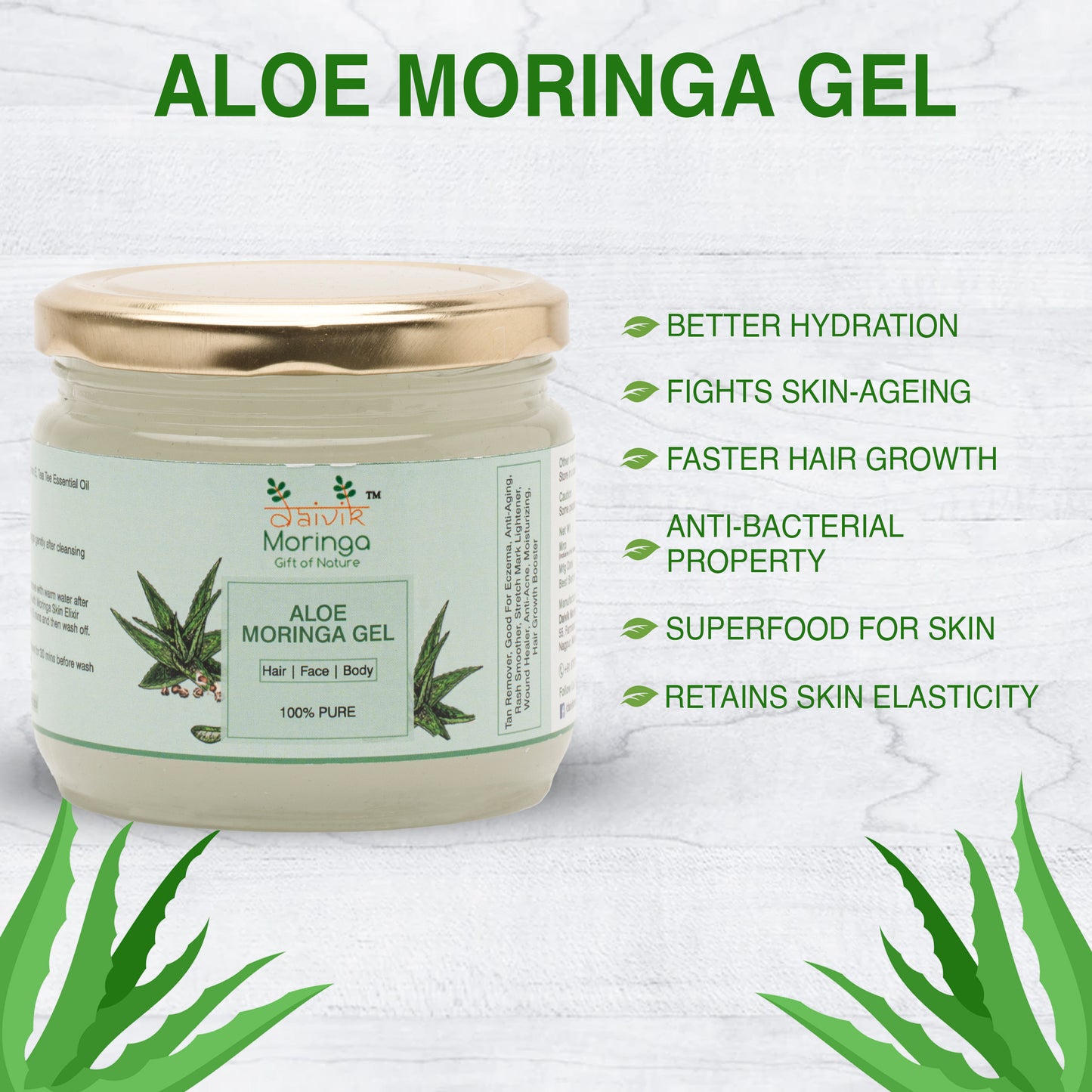 Daivik Moringa Aloe Moringa Gel | 100% Natural | Anti Aging, Anti Acne, Hair Growth, Moisturizer | 300 g