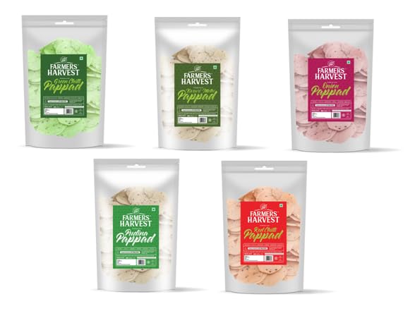 Farmers Harvest Papad Combo pack of 5 - (Green Chilli, Kasuri Methi, Onion, Pudina, Red Chilli) 200gm each