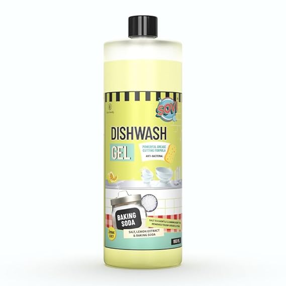 SOVI Dishwash Liquid, Removes Tough Grease & Odour, No Harmful Residue, Antibacterial, Child Safe, Pet Safe, with Baking Soda, Salt & Lemon Extract, Lemon Juicy
