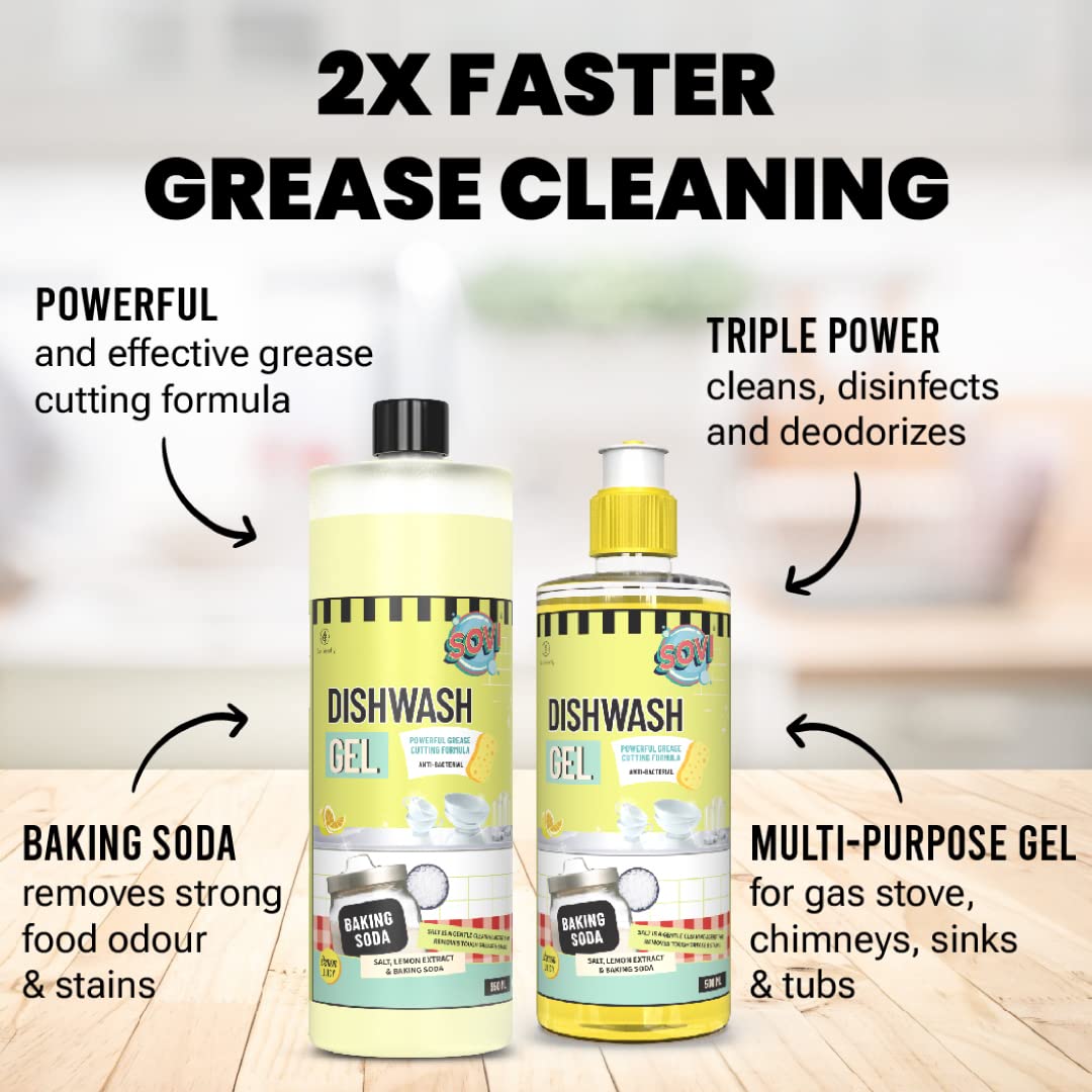 SOVI Dishwash Liquid, Removes Tough Grease & Odour, No Harmful Residue, Antibacterial, Child Safe, Pet Safe, with Baking Soda, Salt & Lemon Extract, Lemon Juicy