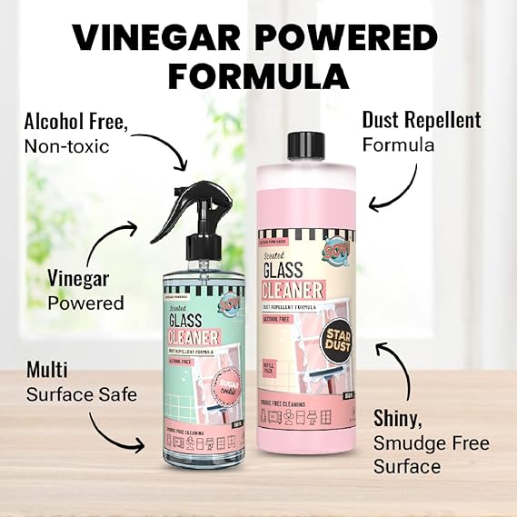 SOVI Scented & Vinegar Powered Glass Cleaner with Dust Repellent Formula, Alcohol Free