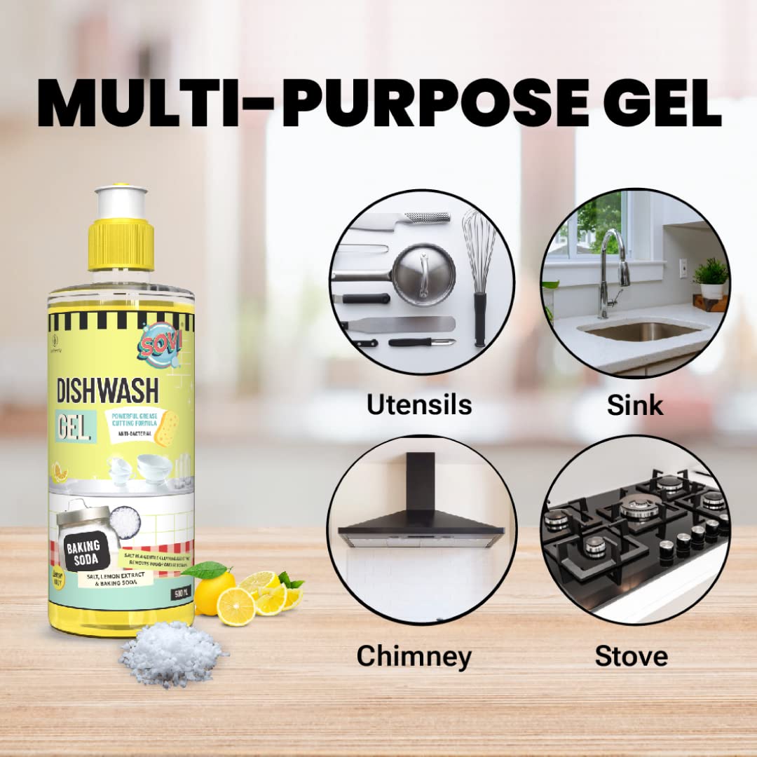 SOVI Dishwash Liquid, Removes Tough Grease & Odour, No Harmful Residue, Antibacterial, Child Safe, Pet Safe, with Baking Soda, Salt & Lemon Extract, Lemon Juicy