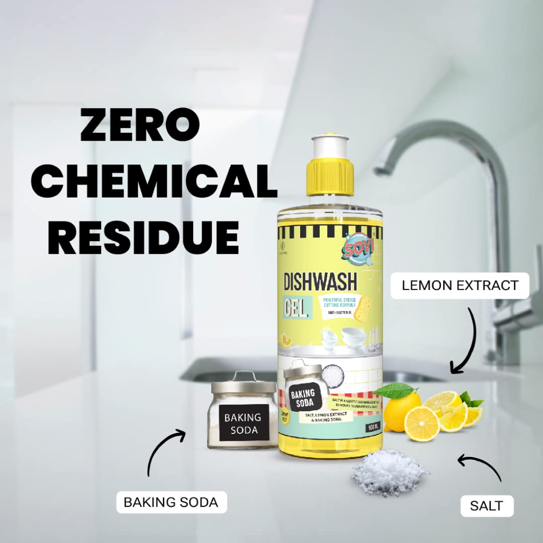 SOVI Dishwash Liquid, Removes Tough Grease & Odour, No Harmful Residue, Antibacterial, Child Safe, Pet Safe, with Baking Soda, Salt & Lemon Extract, Lemon Juicy