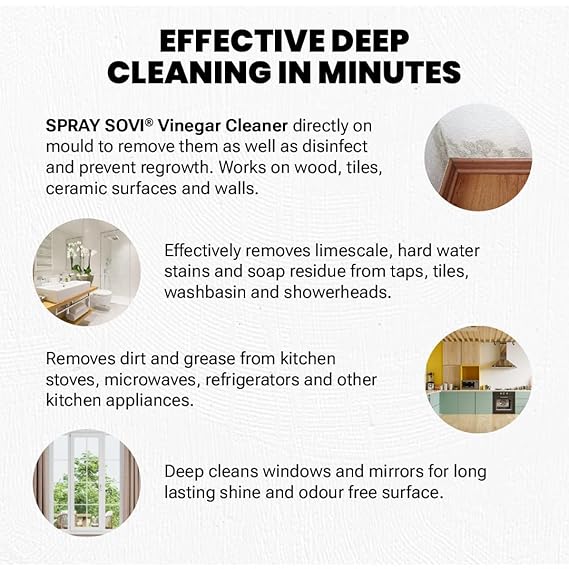 SOVI Eco-friendly Vinegar Multi-Purpose Cleaner, Hard Water Stain Remover & Degreaser, Tough Limescale Remover, Pet Odour Remover, The Clean Scent