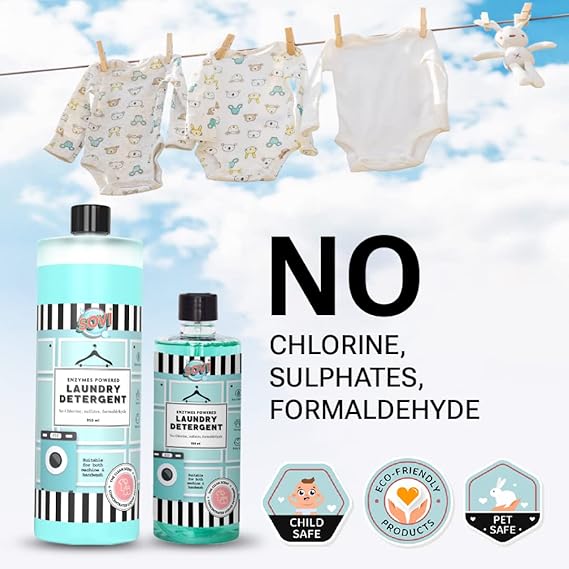 SOVI Laundry Liquid Detergent for Front Load and Top Load Washing Machine Safe with Bio Enzymes, Eco-Friendly, Biodegradable, Child Safe, The Clean Scent