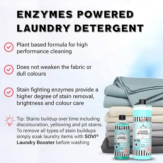 SOVI Laundry Liquid Detergent for Front Load and Top Load Washing Machine Safe with Bio Enzymes, Eco-Friendly, Biodegradable, Child Safe, The Clean Scent