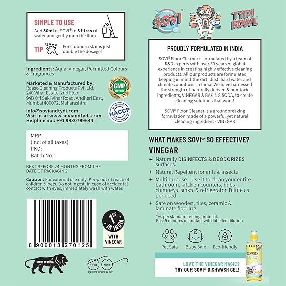SOVI Floor Cleaner, Vinegar Powered, Stain Remover, Multi-surface Safe, Ants & Flies Repellent, Child Safe, Pet Safe, The French Connection