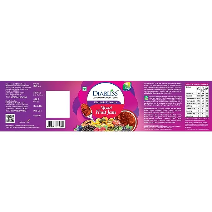 DiaBliss Diabetic Friendly Mixed Fruit Jam Low Glycemic Index(GI) Sugar Free Alternative - (225g)