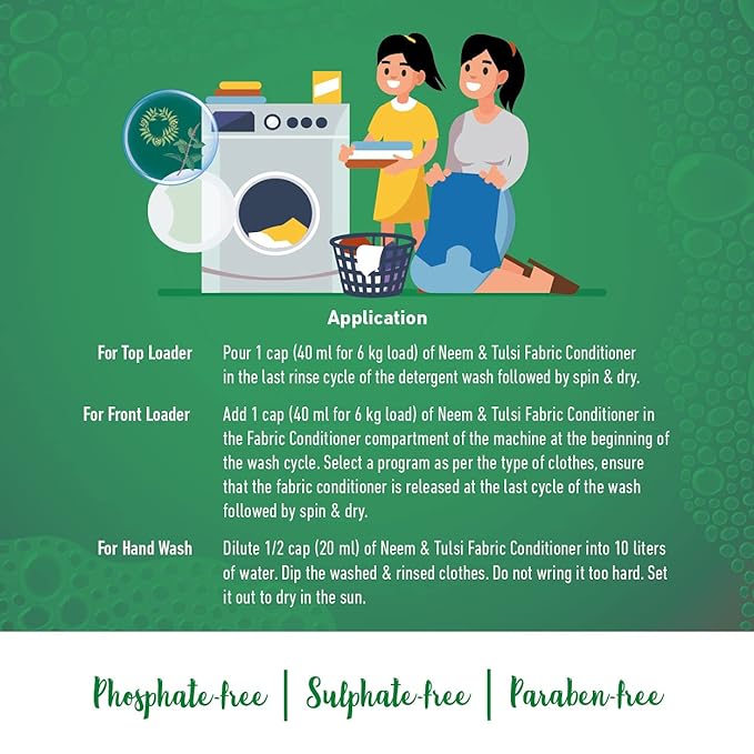 Tropical Dew Neem & Tulsi Liquid Fabric Conditioner Top & Front Load- 450 ml, Plant-Based Fabric Softener Protector with Phosphate & Paraben-Free, Fabric Freshener for Hand Wash & All Washing Machines