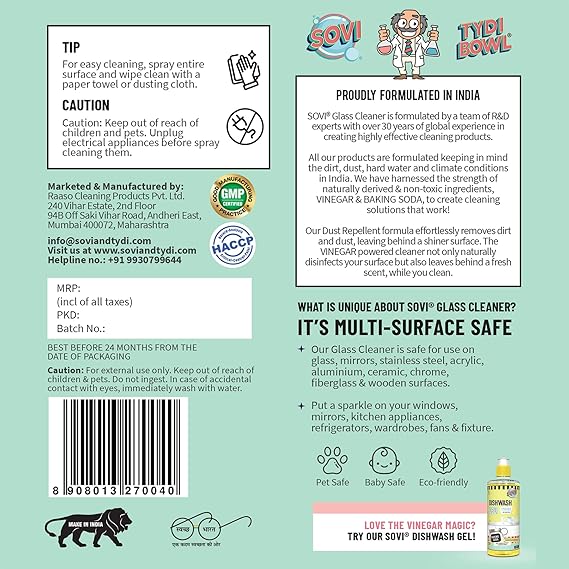 SOVI Scented & Vinegar Powered Glass Cleaner with Dust Repellent Formula, Alcohol Free