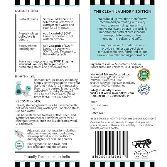 SOVI Stain Remover, Bio Enzymes-Based Stain Removing Agents for Clothes, Fabric & Laundry Use, Pet & Child Safe, Preserves Fabric Colour, Pack of 1 (500 ml)