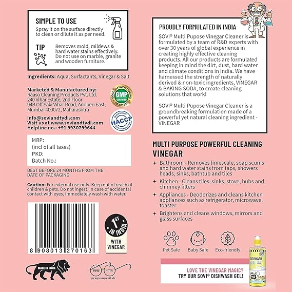 SOVI Eco-friendly Vinegar Multi-Purpose Cleaner, Hard Water Stain Remover & Degreaser, Tough Limescale Remover, Pet Odour Remover, The Clean Scent