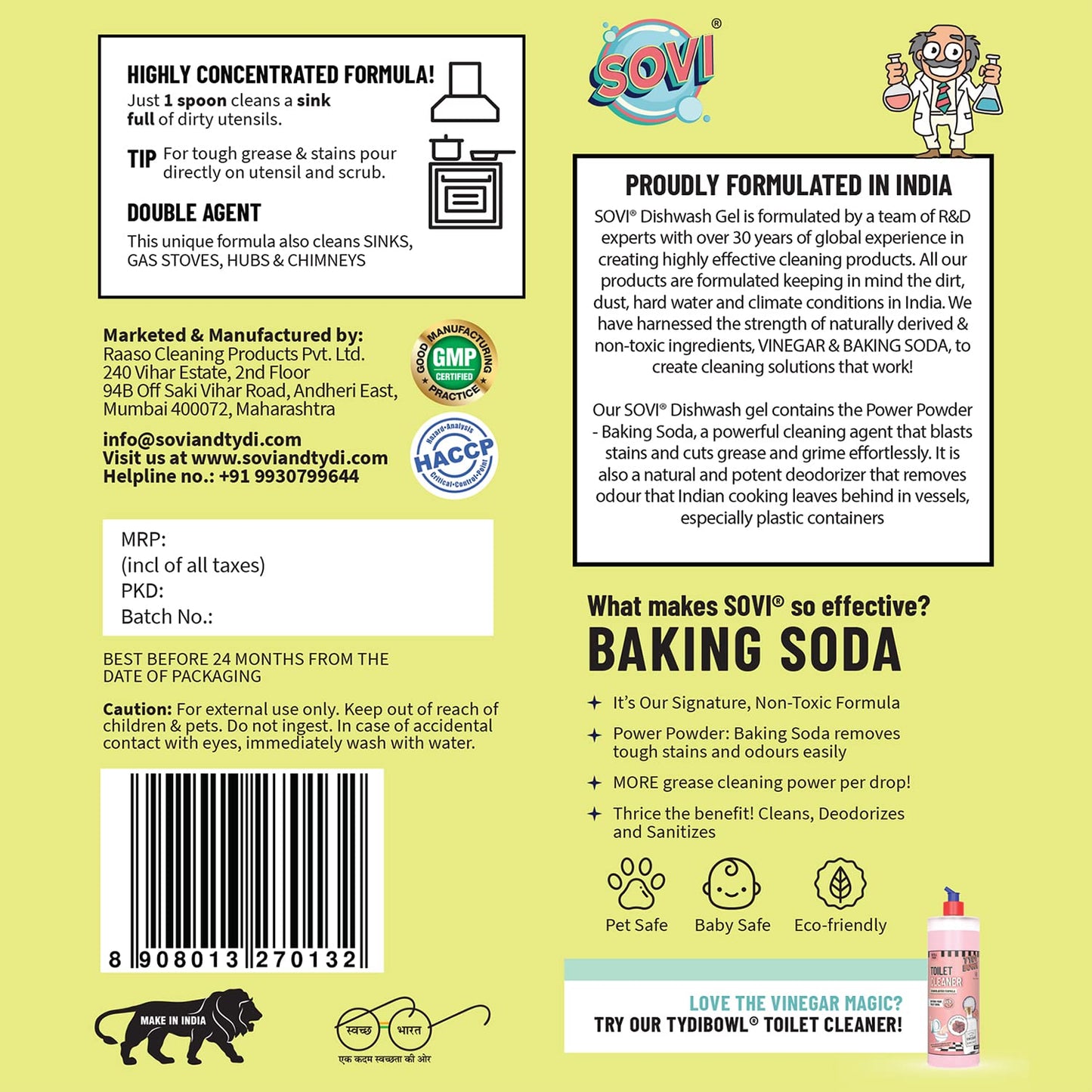 SOVI Dishwash Liquid, Removes Tough Grease & Odour, No Harmful Residue, Antibacterial, Child Safe, Pet Safe, with Baking Soda, Salt & Lemon Extract, Lemon Juicy