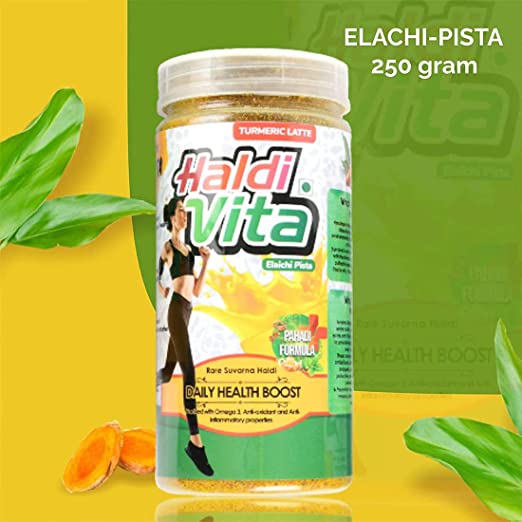 HaldiVita Turmeric Latte 250g | Haldi Doodh Mix with Immunity Boosters| Natural & Chemical Free Rare Himalayan Turmeric | Ayurvedic Golden Milk Mix Elaichi Pista