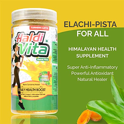 HaldiVita Turmeric Latte 250g | Haldi Doodh Mix with Immunity Boosters| Natural & Chemical Free Rare Himalayan Turmeric | Ayurvedic Golden Milk Mix Elaichi Pista