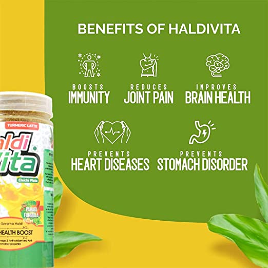 HaldiVita Turmeric Latte 250g | Haldi Doodh Mix with Immunity Boosters| Natural & Chemical Free Rare Himalayan Turmeric | Ayurvedic Golden Milk Mix Elaichi Pista