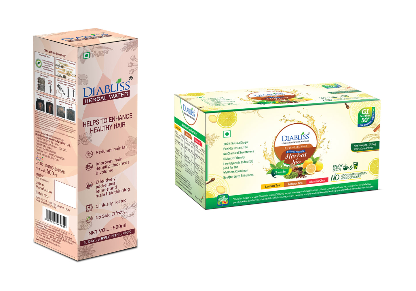 Diabliss Herbal Water for Hair Care 500 ml - Lemon, Ginger & Masala Tea Each 10 x 10g Sachets Combo Pack