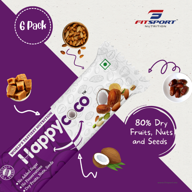 FitSport - Happy Coco Vegan Energy Bar - Healthy Vegan Snack Bar for weight loss - Gluten Free Snacks contain Coconut, Dry Fruits, Nuts and Seeds (Almond, Sunflower Seeds & pumpkin Seeds) with No Added Sugar - 180gm (30gm x 6 Bars, Pack of 6)