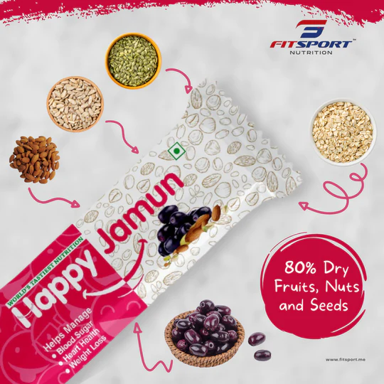 FitSport - Happy Jamun | Healthy Snack I More than 80% Dry Fruits (Black Jamun, Almonds,Sunflower & Pumpkin Seeds,) | Pack of 6 Nutrition Bars 30 gm each - 180 Gm