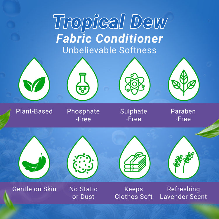 Tropical Dew Liquid Fabric Conditioner- 500ml, Plant-Based Cloth Softener with Lavender Fragrance with Phosphate, Sulphate & Paraben-Free Fabric Freshener for Hand Wash & All Type of Washing Machines
