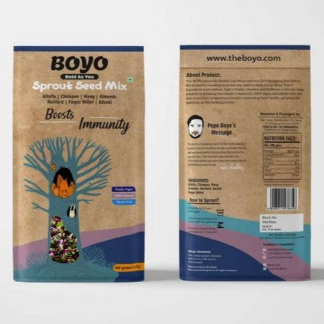 THE BOYO Sprout Seed Mix for Immunity Builder 400g - Mung, Chickpea, Alfalfa, Adzuki, Almonds, Finger Millet, Mustard - 100% Vegan, Gluten-Free, Natural