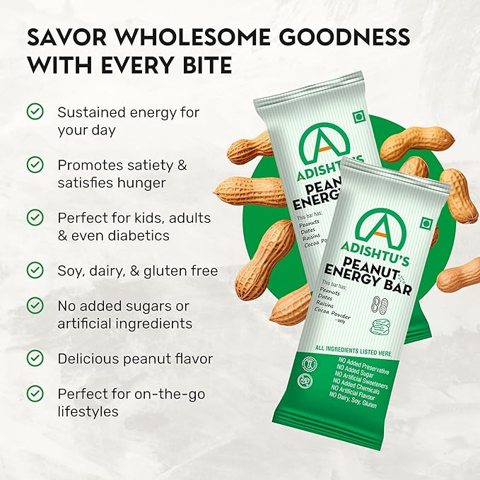 High Calorie Bars - Adishtu Energy Bars with Whole Peanuts, Raisins, Dates & Cocoa Powder - Yummy Snack Bars for Quick Breakfast, Snacking, Workouts, Sports, Campings & More .