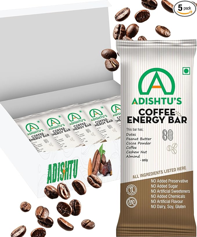 Coffee Bars - Adishtu Energy Bars with Rich Coffee, Cashew, Peanut Butter, Almonds, Dates & Cocoa Powder - Yummy Snack Bars for Quick Breakfast, Snacking, Workouts, Sports, Campings & More - Box of 5