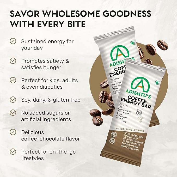 Coffee Bars - Adishtu Energy Bars with Rich Coffee, Cashew, Peanut Butter, Almonds, Dates & Cocoa Powder - Yummy Snack Bars for Quick Breakfast, Snacking, Workouts, Sports, Campings & More - Box of 5