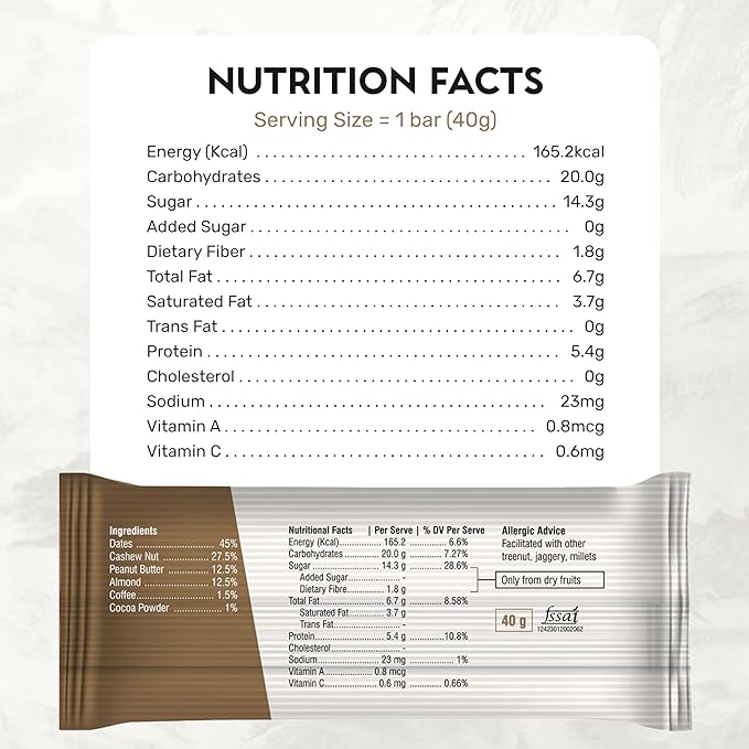 Coffee Bars - Adishtu Energy Bars with Rich Coffee, Cashew, Peanut Butter, Almonds, Dates & Cocoa Powder - Yummy Snack Bars for Quick Breakfast, Snacking, Workouts, Sports, Campings & More - Box of 5