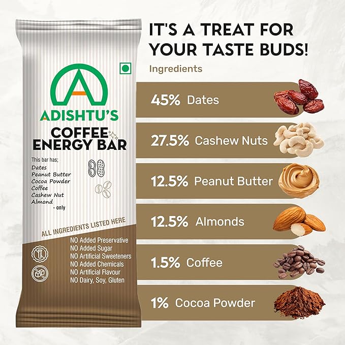 Coffee Bars - Adishtu Energy Bars with Rich Coffee, Cashew, Peanut Butter, Almonds, Dates & Cocoa Powder - Yummy Snack Bars for Quick Breakfast, Snacking, Workouts, Sports, Campings & More - Box of 5
