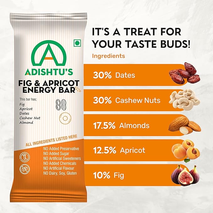 Energy Bars - Adishtu Fruit and Nut Bars with Figs, Apricots, Cashew Nuts, Almonds & Dates - Yummy Snack Bars for Quick Breakfast, Snacking, Workouts, Sports, Campings & More.
