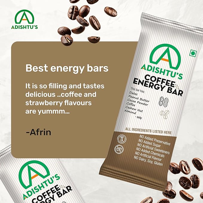 Coffee Bars - Adishtu Energy Bars with Rich Coffee, Cashew, Peanut Butter, Almonds, Dates & Cocoa Powder - Yummy Snack Bars for Quick Breakfast, Snacking, Workouts, Sports, Campings & More - Box of 5