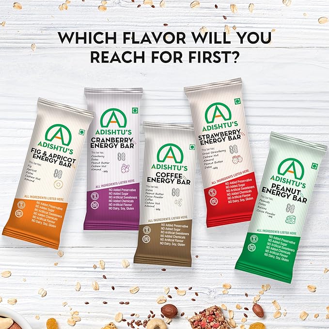 Energy Bars - Adishtu Fruit and Nut Bars with Figs, Apricots, Cashew Nuts, Almonds & Dates - Yummy Snack Bars for Quick Breakfast, Snacking, Workouts, Sports, Campings & More.