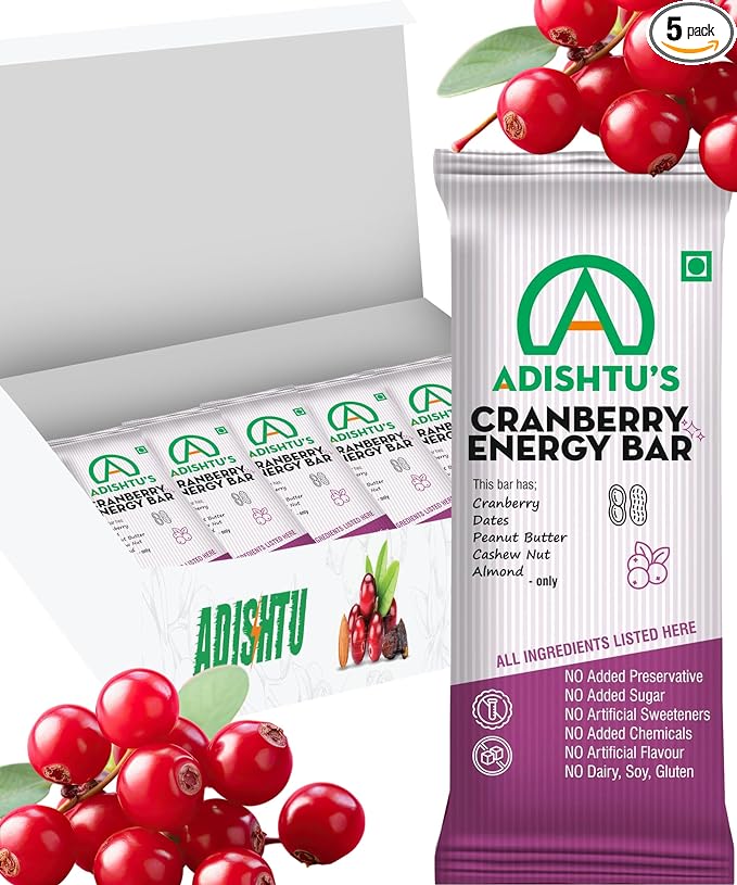 Energy Bars - Adishtu Fruit and Nut Bars with Cranberries, Cashew Nuts, Peanut Butter, Almonds & Dates - Yummy Snack Bars for Quick Breakfast, Snacking, Workouts, Sports, Campings & More