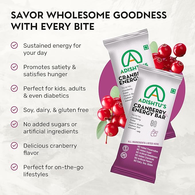 Energy Bars - Adishtu Fruit and Nut Bars with Cranberries, Cashew Nuts, Peanut Butter, Almonds & Dates - Yummy Snack Bars for Quick Breakfast, Snacking, Workouts, Sports, Campings & More