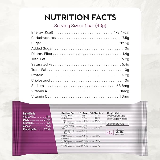 Energy Bars - Adishtu Fruit and Nut Bars with Cranberries, Cashew Nuts, Peanut Butter, Almonds & Dates - Yummy Snack Bars for Quick Breakfast, Snacking, Workouts, Sports, Campings & More