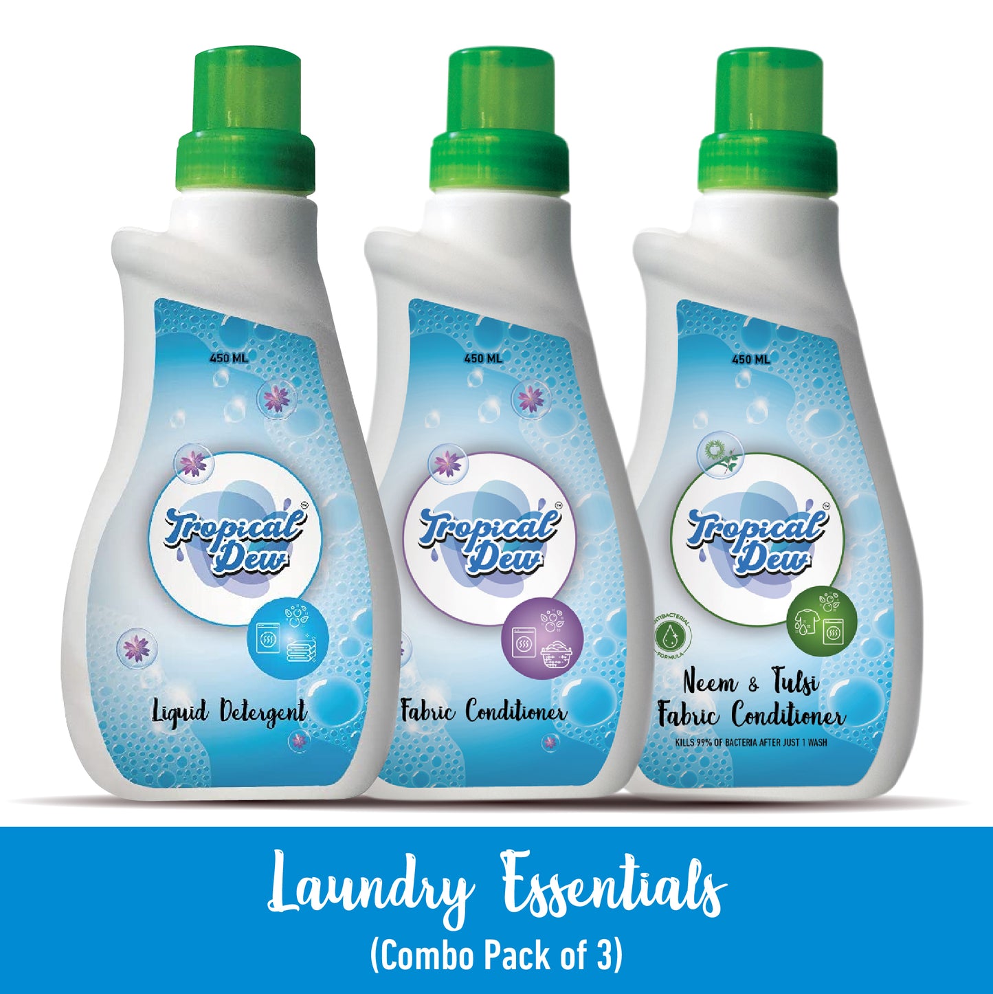 Tropical Dew Neem and Tulsi Fabric Conditioner, Liquid Detergent and Fabric Conditioner and Softener 450 ml - Combo Pack of 3