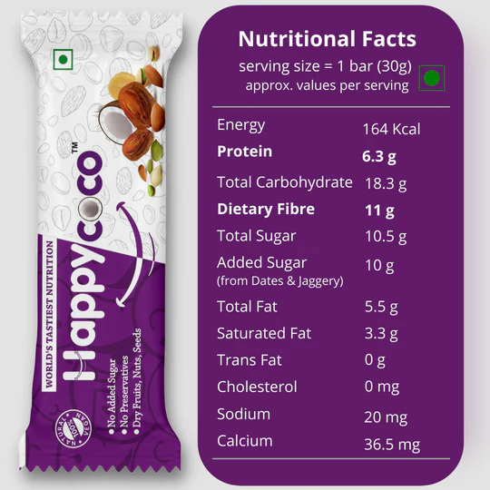 FitSport - Happy Coco Vegan Energy Bar - Healthy Vegan Snack Bar for weight loss - Gluten Free Snacks contain Coconut, Dry Fruits, Nuts and Seeds (Almond, Sunflower Seeds & pumpkin Seeds) with No Added Sugar - 180gm (30gm x 6 Bars, Pack of 6)