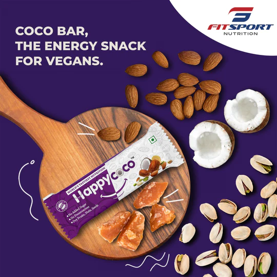 FitSport - Happy Coco Vegan Energy Bar - Healthy Vegan Snack Bar for weight loss - Gluten Free Snacks contain Coconut, Dry Fruits, Nuts and Seeds (Almond, Sunflower Seeds & pumpkin Seeds) with No Added Sugar - 180gm (30gm x 6 Bars, Pack of 6)
