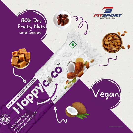 FitSport - Happy Coco Vegan Energy Bar - Healthy Vegan Snack Bar for weight loss - Gluten Free Snacks contain Coconut, Dry Fruits, Nuts and Seeds (Almond, Sunflower Seeds & pumpkin Seeds) with No Added Sugar - 180gm (30gm x 6 Bars, Pack of 6)