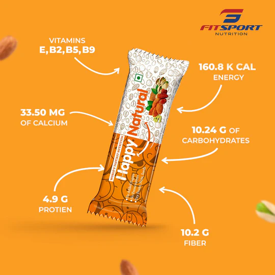 FitSport - Happy Natural | Nutrition Bars | World's Tastiest Nutrition | More Than 80% Dry Fruits (Almonds, Dates, Pumpkin & Sunflower Seeds, Jaggery) | Pack of 6 Bars 30 gm Each - 180 Gm