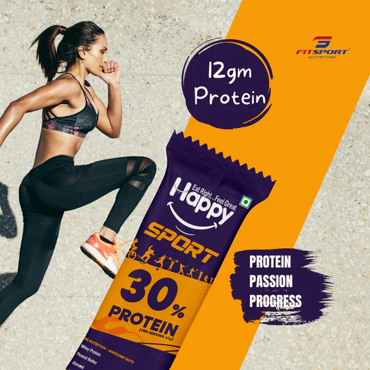 Fitsport - Happy Sport - Healthy Breakfast Snack - Meal Replacement Energy Bars - Contains Almonds, Whey Protein, Peanut Butter, Dark Chocolate Chips & Rice Crisps | 240gm(40gm x 240 Bars, Pack of 6)