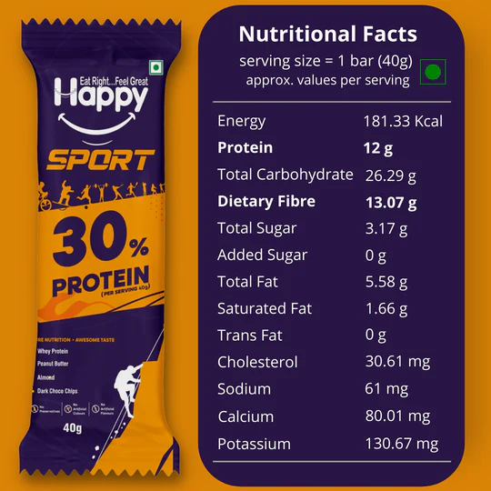 Fitsport - Happy Sport - Healthy Breakfast Snack - Meal Replacement Energy Bars - Contains Almonds, Whey Protein, Peanut Butter, Dark Chocolate Chips & Rice Crisps | 240gm(40gm x 240 Bars, Pack of 6)