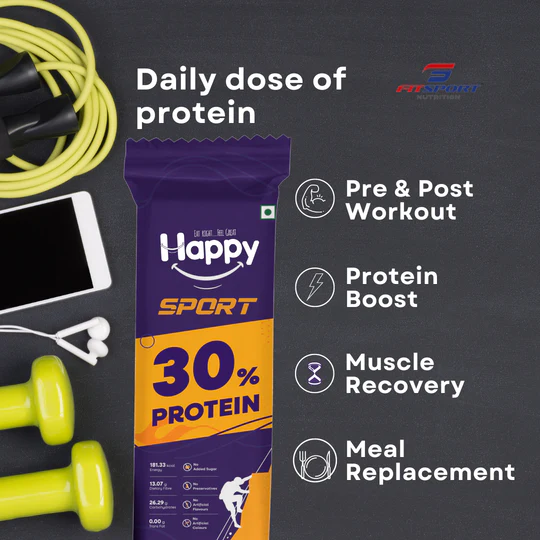 Fitsport - Happy Sport - Healthy Breakfast Snack - Meal Replacement Energy Bars - Contains Almonds, Whey Protein, Peanut Butter, Dark Chocolate Chips & Rice Crisps | 240gm(40gm x 240 Bars, Pack of 6)