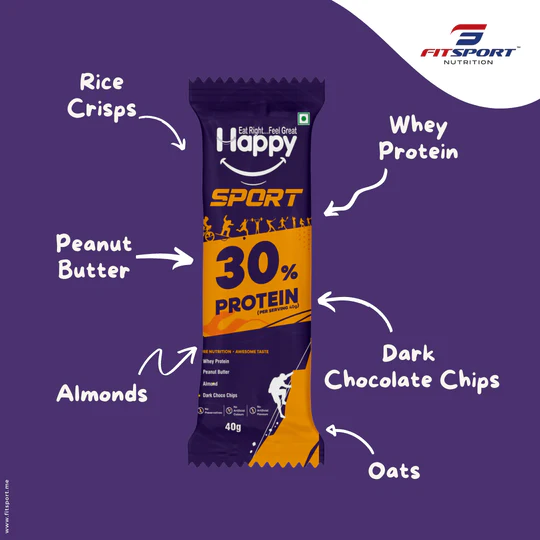 Fitsport - Happy Sport - Healthy Breakfast Snack - Meal Replacement Energy Bars - Contains Almonds, Whey Protein, Peanut Butter, Dark Chocolate Chips & Rice Crisps | 240gm(40gm x 240 Bars, Pack of 6)