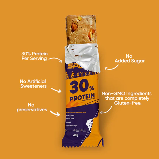 Fitsport - Happy Sport - Healthy Breakfast Snack - Meal Replacement Energy Bars - Contains Almonds, Whey Protein, Peanut Butter, Dark Chocolate Chips & Rice Crisps | 240gm(40gm x 240 Bars, Pack of 6)